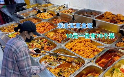 东北盒饭也太便宜了，10元自助随便吃还送饮料，70个菜摆半个店